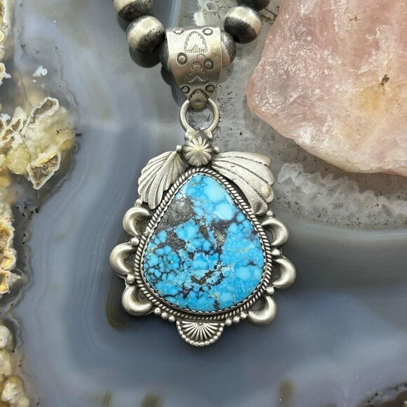 Sterling Silver Southwestern Style Wide Teardrop Kingman Turquoise Pendant - Picture 1 of 10